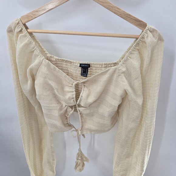 Forever 21 Cream Ruched Back Balloon Sleeves Off Shoulder Crop Top Size Small - Picture 5 of 14